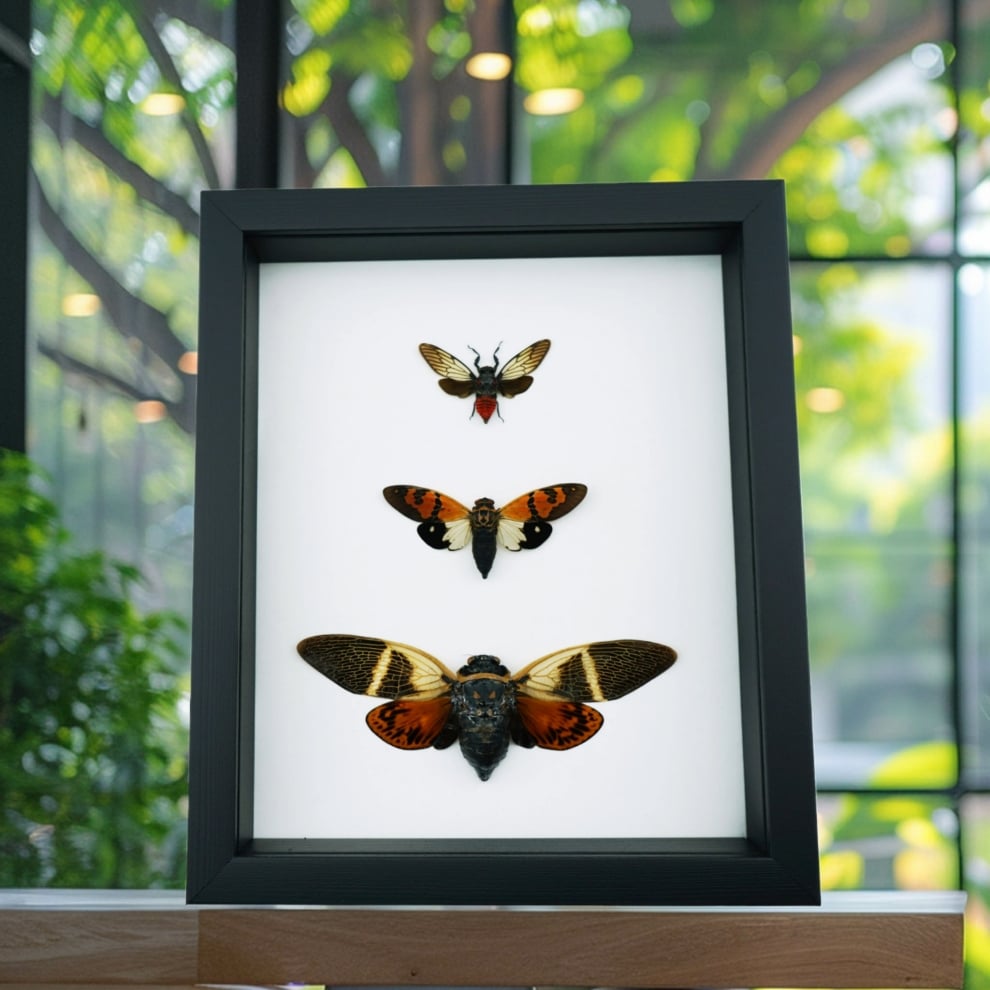 Cicada Trio Collection Framed Insect Taxidermy Classic Black Display Cicada Trio Collection Framed Insect Taxidermy Classic Black Display