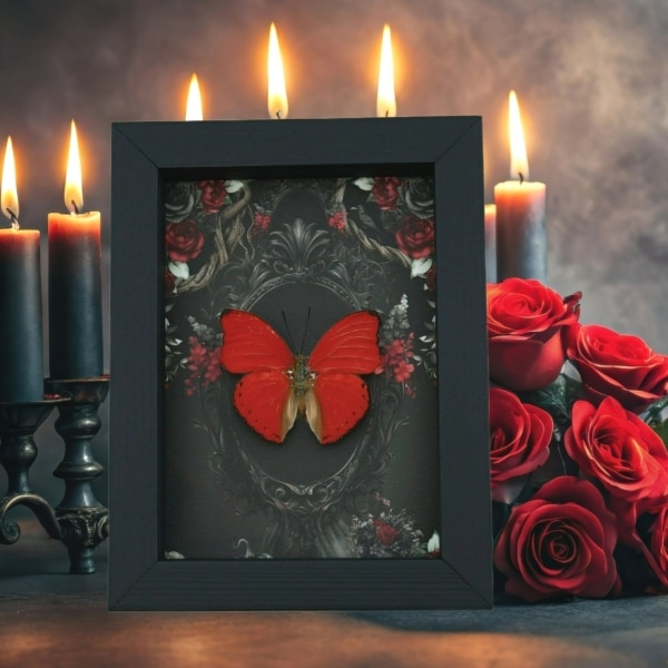 Red Heart Butterfly Gothic Black Roses Cymothoe sangaris Real Framed Taxidermy Display