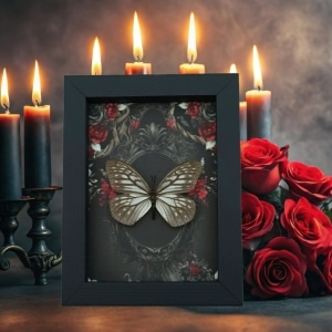 Calinaga buddha Real Butterfly Gothic Black Red Roses Framed Taxidermy Display