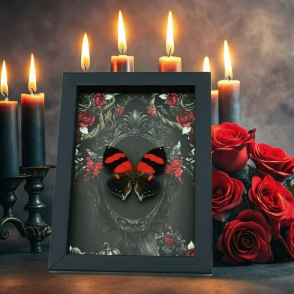 Gothic Red Heart Butterfly Black Roses Siderone galanthis Real Framed Taxidermy Display