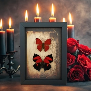 Real Red Heart Butterfly Set Gothic Old World Lock Key Framed Taxidermy Display