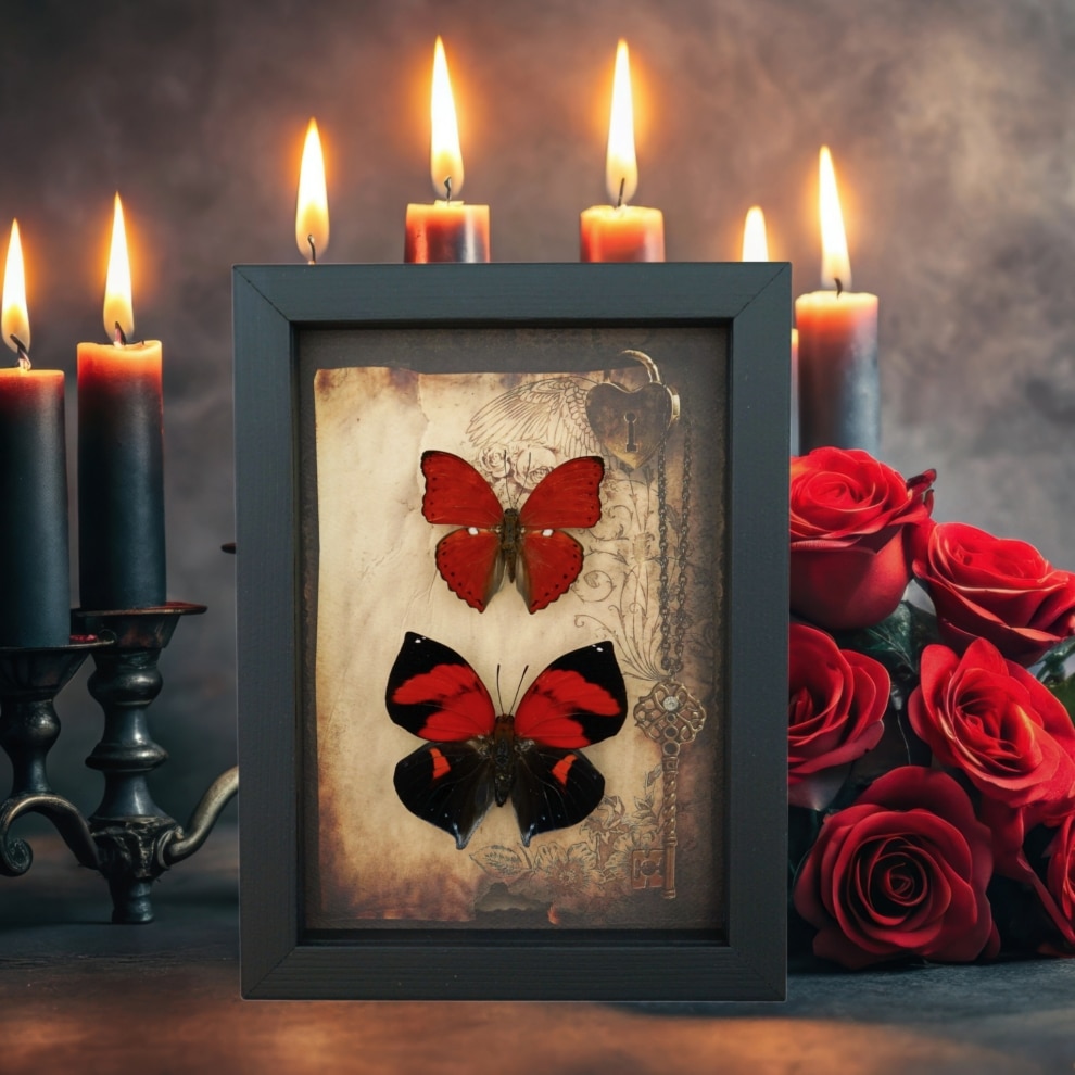 Real Red Heart Butterfly Set Gothic Old World Lock Key Framed Taxidermy Display