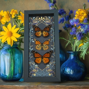 Framed Monarch Butterflies Gothic Ravens Danaus Plexippus Butterfly Trio Taxidermy Display