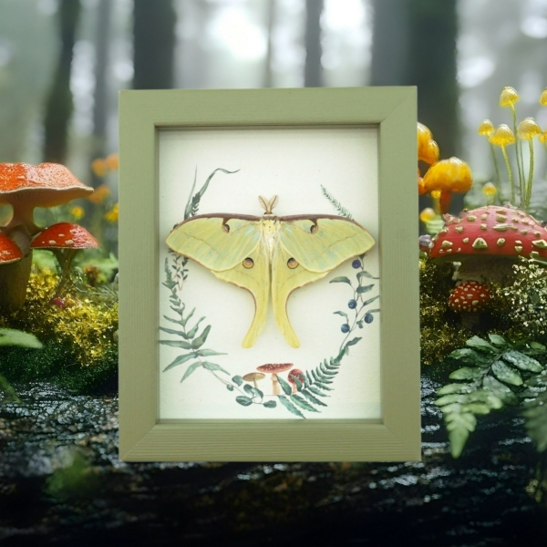 Real Framed Luna Moth Sage Green - Ferns Mushrooms Actias luna