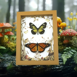 Real Framed Monarch Butterfly Set Forest Mushrooms Butterflies Taxidermy Display