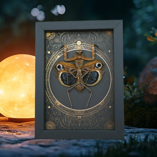 Deroplatys desiccata female verso Steampunk Praying Mantis Dead Leaf Insect Framed Taxidermy Display