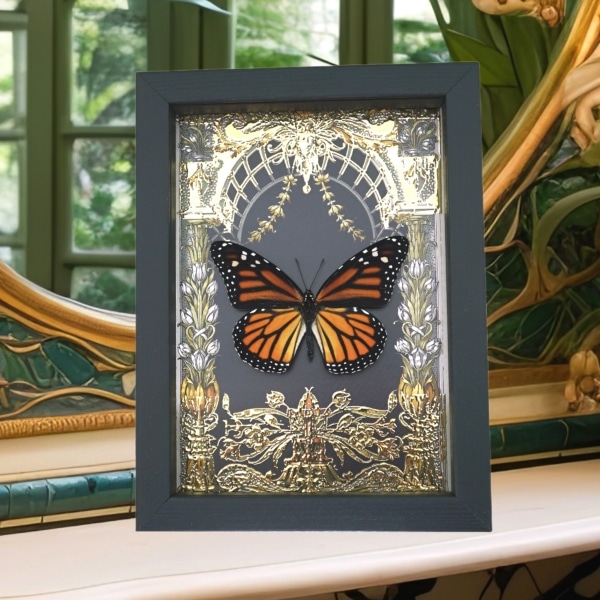 Monarch Butterfly Gold Foil Art Nouveau Garden Danaus Plexippus Female Framed Taxidermy