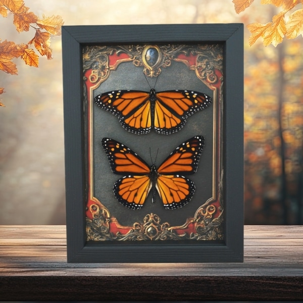 Framed Monarch Butterfly Set Gothic Red Border Danaus Plexippus Resting Taxidermy Display