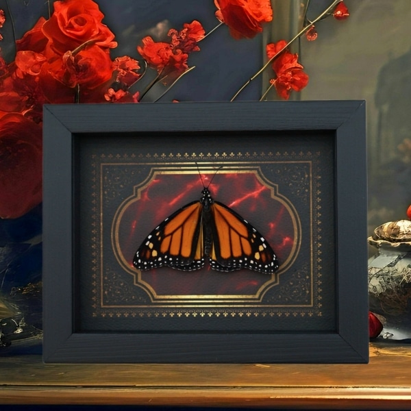 Monarch Butterfly Gothic Red Gold Border Danaus plexippus Male Resting Framed Taxidermy Display
