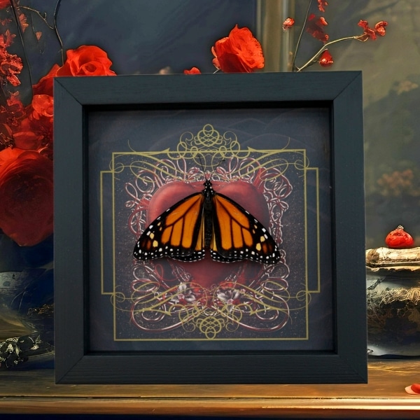 Danaus plexippus Male Resting Monarch Butterfly Gothic Red Heart Framed Taxidermy Display
