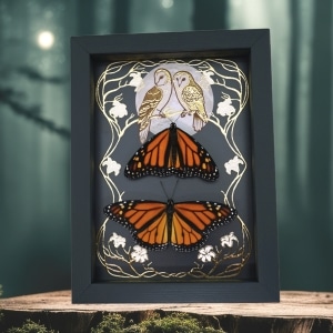 Monarch Butterfly Collection Gold Foil Owls Moon Art Nouveau Danaus Plexippus Pair Framed Taxidermy