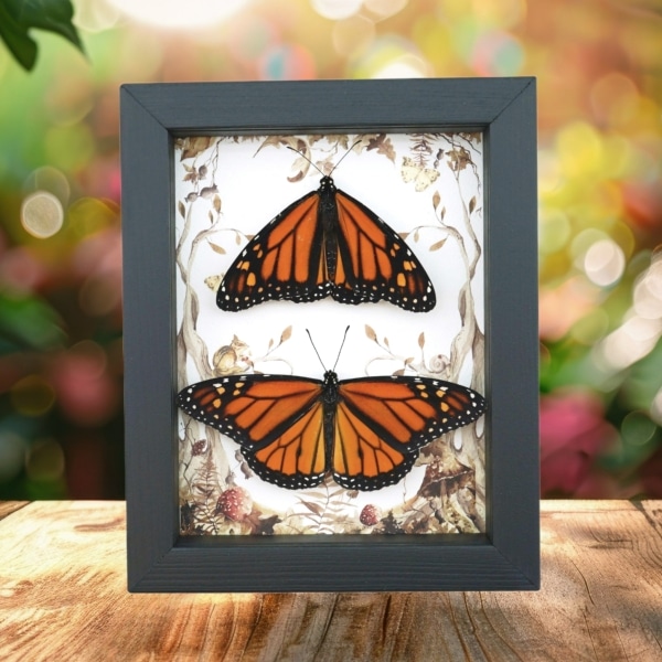 Real Framed Monarch Butterfly Pair Forest Mushrooms Butterflies Taxidermy Display