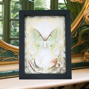 Real Luna Moth Gold Foil Floral Art Nouveau Actias luna Framed Taxidermy