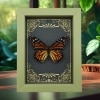 Real Framed Monarch Butterfly Art Deco Golden Scrolls Danaus plexippus Female Taxidermy Sage Green Display