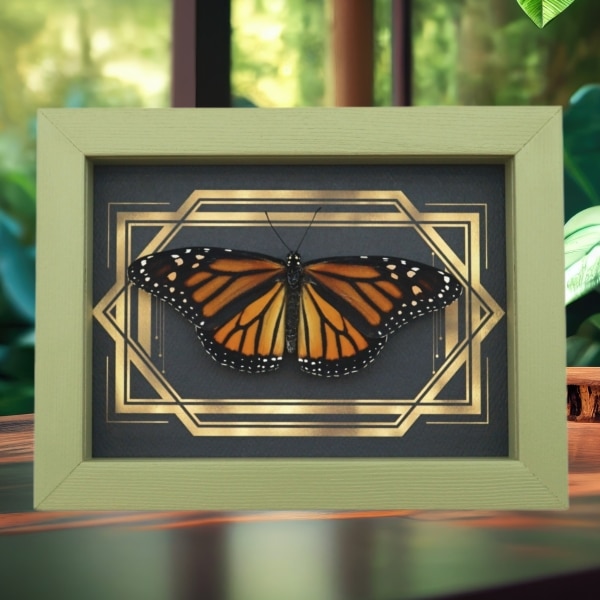 Real Framed Monarch Butterfly Art Deco Double Border Danaus plexippus Female Resting Taxidermy Sage Green Display