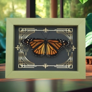 Real Framed Monarch Butterfly Gothic Scrolls Danaus plexippus Female Resting Taxidermy Sage Green Display