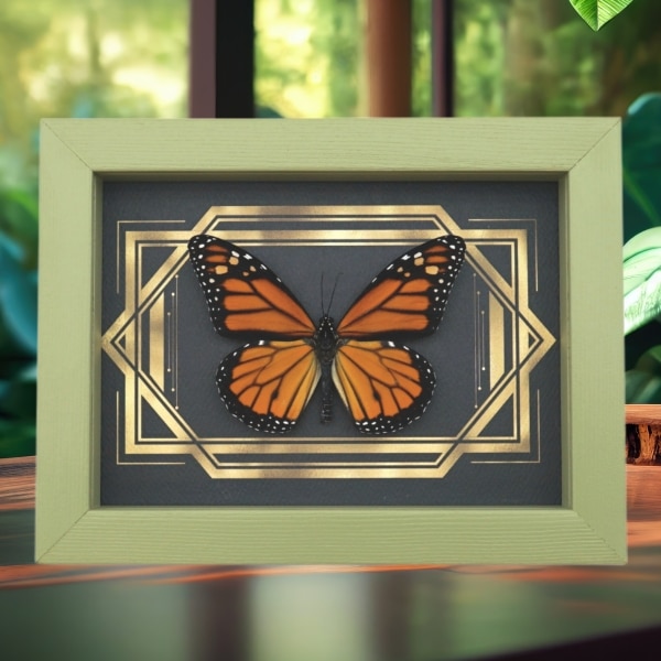 Real Framed Monarch Butterfly Art Deco Double Border Danaus plexippus Taxidermy Sage Green Display