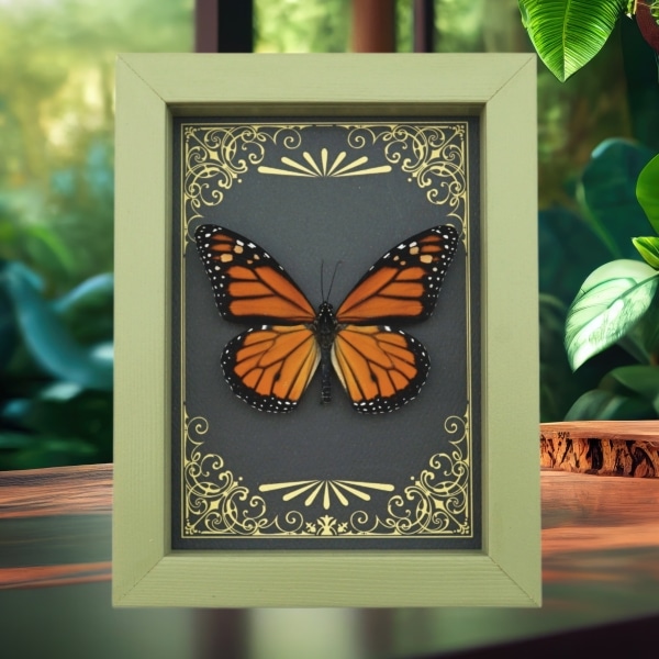 Real Framed Monarch Butterfly Art Deco Golden Scrolls Danaus plexippus Taxidermy Sage Green Display