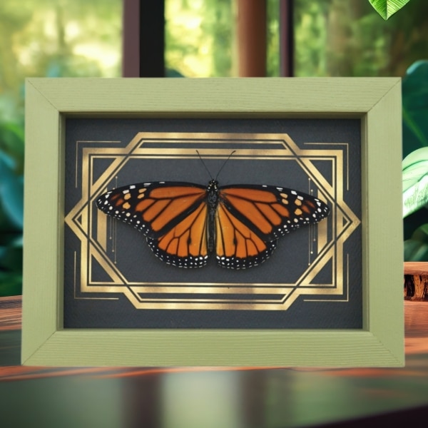 Real Framed Monarch Butterfly Art Deco Double Border Danaus plexippus Resting Taxidermy Sage Green Display
