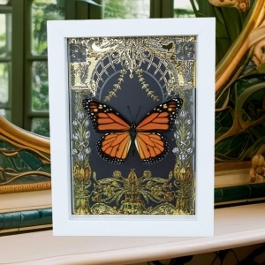 Monarch Butterfly Gold Foil Art Nouveau Garden Danaus Plexippus Framed Vibrant White Display
